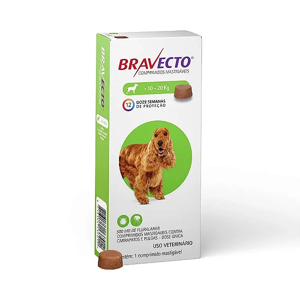 Bravecto Ectoparasiticida Fluralaner p/ Cães de  10 a 20 kg 500mg c/ 1 Comprimido Mastigável