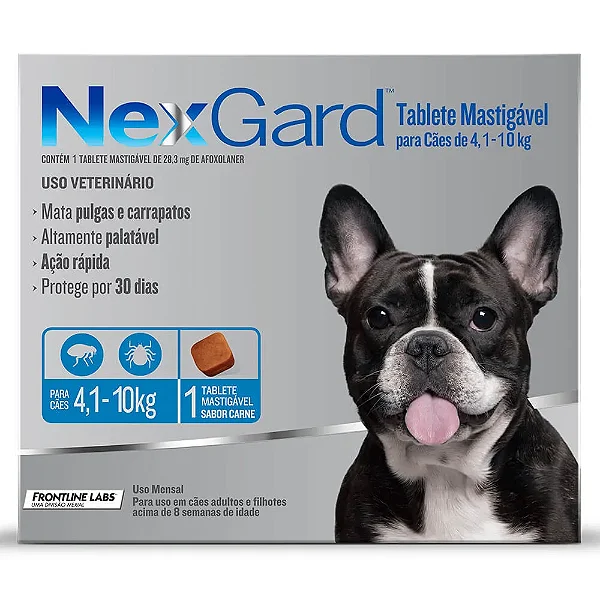 NexGard  Ectoparasiticida Afoxolaner p/ Cães 4 a 10,1 Sabor Carne c/ 1 Tablete Mastigavel