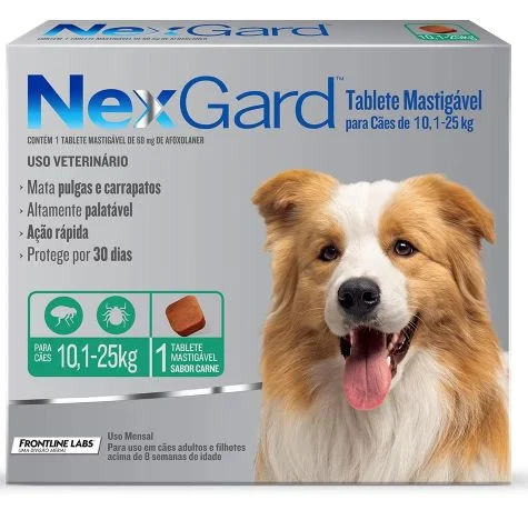 NexGard  Ectoparasiticida Afoxolaner p/ Cães de 10,1 a 25 kg Sabor Carne c/ 1 Tablete Mastigavel