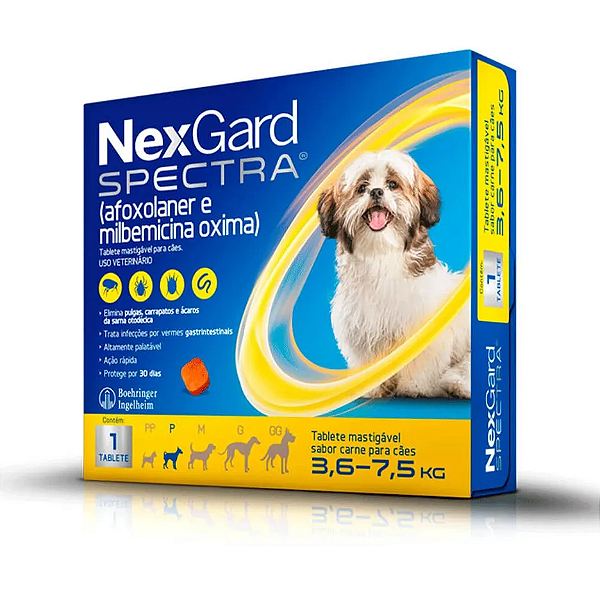 NexGard Spectra Ectoparasiticida Afoxolaner Milbemicina Oxima p/ Cães 3,6 a 7,5 c/ 1 Tablete