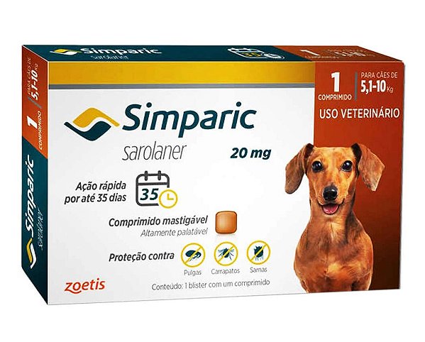 Simparic Ectoparasiticida Anti-Pulga p/ Cães de 5,1 a 10 kg 20mg c/ 1 comprimido