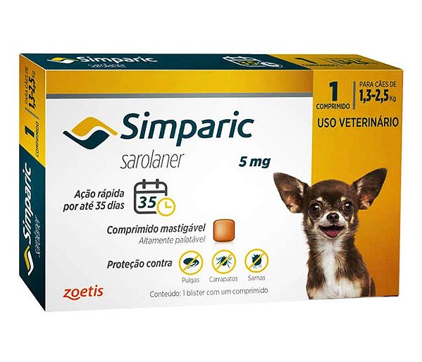 Simparic Ectoparasiticida Anti-pulgas p/ Cães de 1,3 a 2,5 kg 5 mg c/ 1 Comprimido