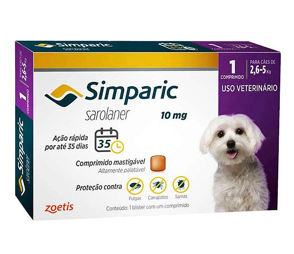 Simparic Ectoparasiticida Anti-Pungas p/ Cães de 2,6 a 5 kg 10 mg c/ 1 Comprimido