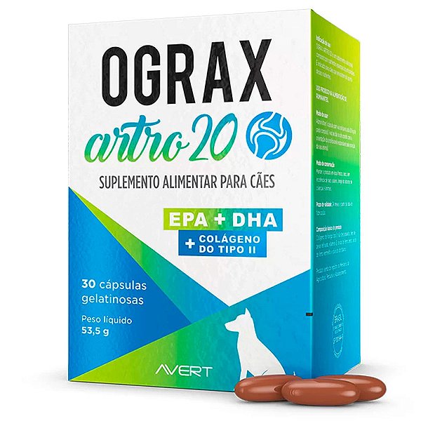 Ograx Artro 20 Suplemento Colágeno Frango Peixe p/ Cães e Gatos c/ 30 capsula