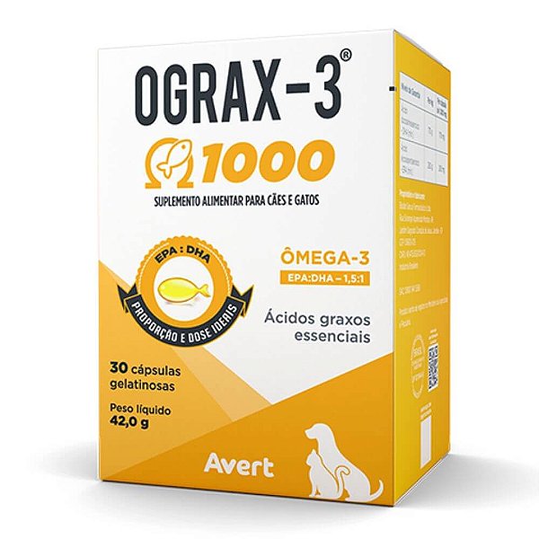 OGRAX-3 Suplemento EPA DHA p/ Cães e Gatos 1000 mg c/ 30 capsula