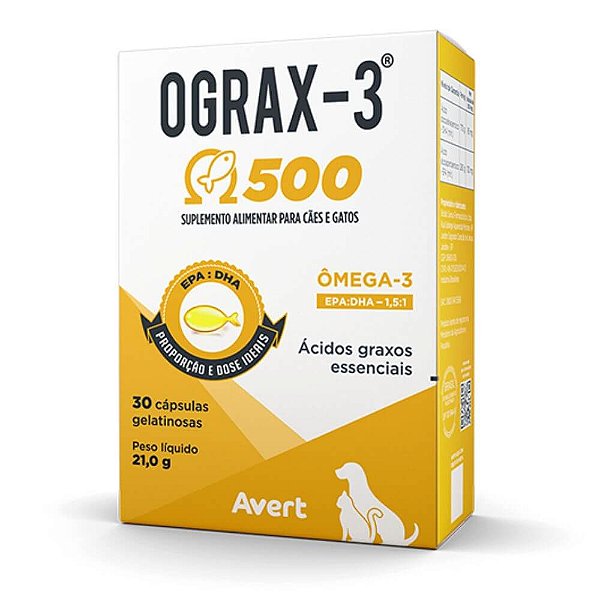 OGRAX-3 Suplemento EPA DHA p/ Cães e Gatos 500mg c/ 30 capsula