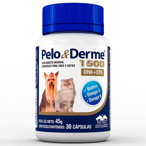Pelo & Derme Suplemento Ômega 3/6 p/ Cães e Gatos 1500 mg c/30 Comprimidos