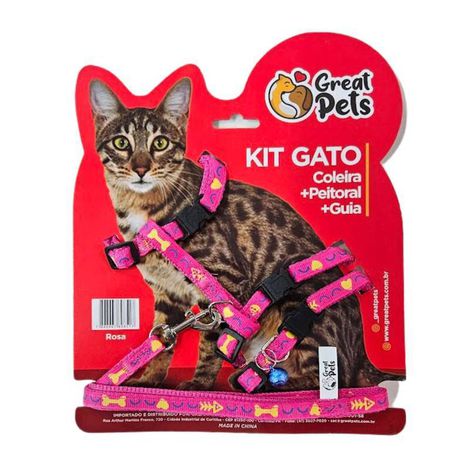 Kit Peitoral - Coleira + Guia Rosa p/ Gatos