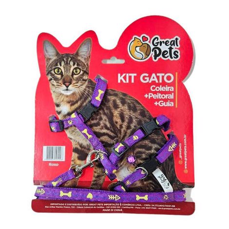 Kit Peitoral - Coleira + Guia Roxo p/ Gatos