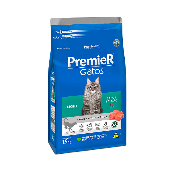 Ração Premier Ambientes Interno Light p/ Gatos Adultos Sabor Salmão