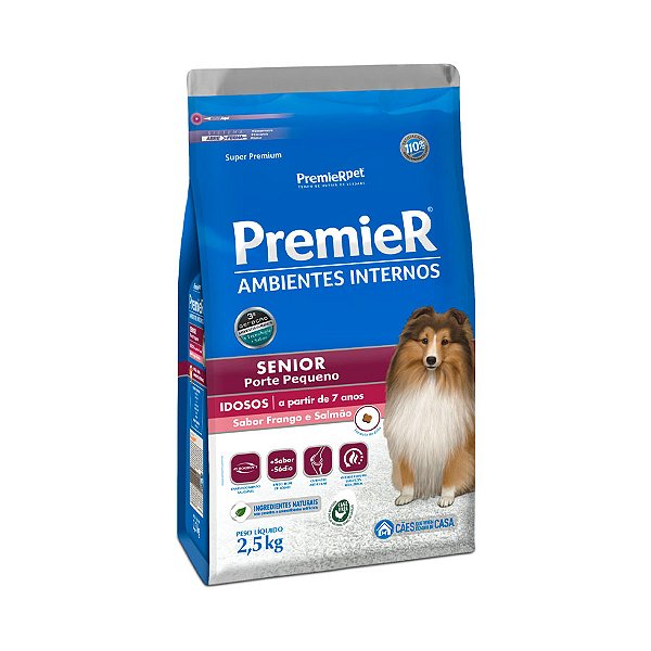 Ração Premier Ambiente Internos p/ Cães Sênior  Porte Pequeno Sabor Frango e Salmão