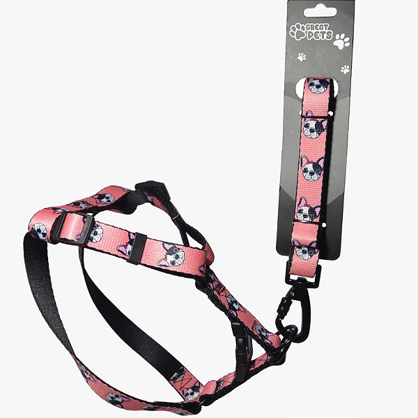 Peitoral c/ Guia Great Pets p/ Cães Cor Rosa Tamanho G