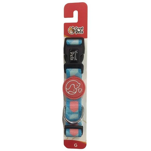Coleira Estampada Azul Rosa Great Pets  - G