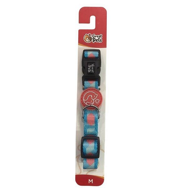 Coleira Estampada Azul Rosa Great Pets  - M