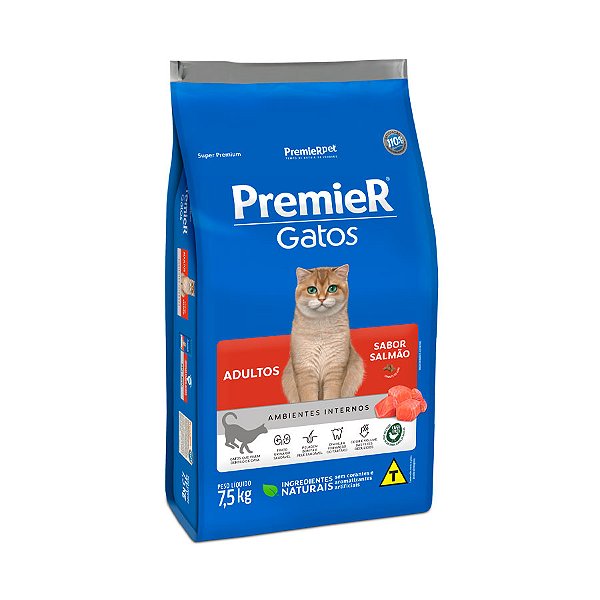 Ração Premier Ambientes Interno p/ Gatos Adultos Sabor Salmão 7,5 kg