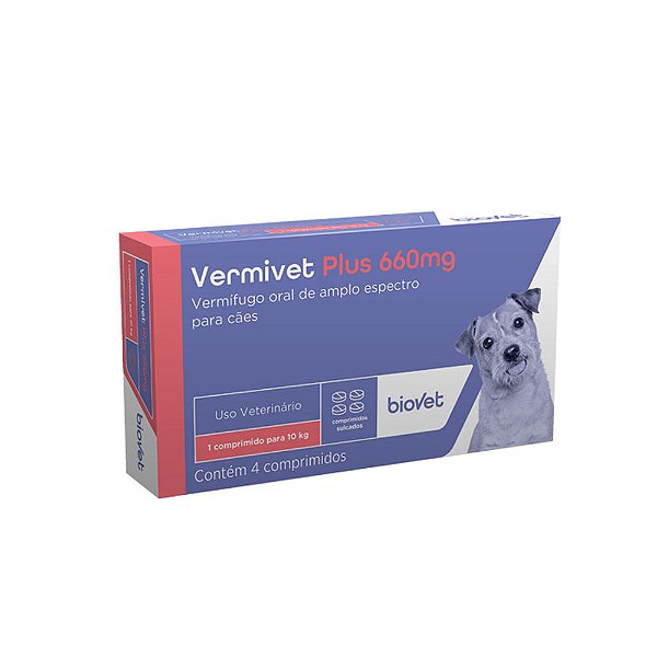 Vermivet Plus Vermífugo de Amplo Espectro Pirantel Praziquantel Febantel p/ Cães c/ 4 Comprimidos de 660 mg cada