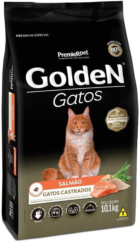 Ração GoldeN p/ Gatos Adultos Castrados Sabor Salmão 10,1 kg