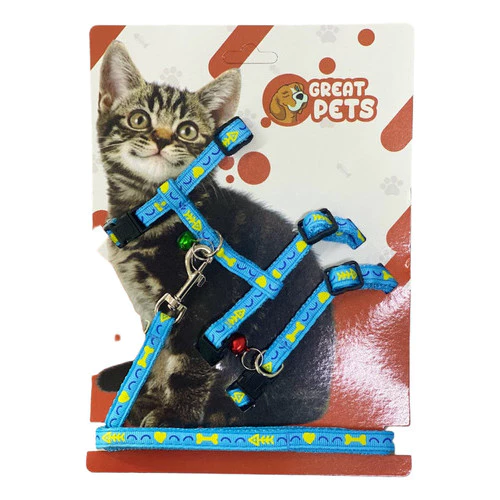 Kit Peitoral + Coleira + Guia Azul p/ Gatos