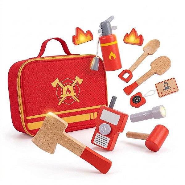 Kit Bombeiro em Madeira com Extintor Ferramentas Brinquedo Educativo Faz de Conta Profissões 3+