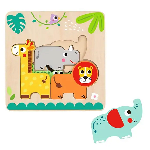 Quebra-Cabeça em Camadas Animais da Selva em Madeira | 3 Níveis para Bebês – TookyToy 12m+