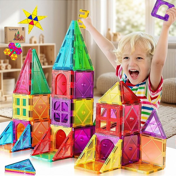 Conjunto de Construção Magnética 100 Peças Brinquedo Educativo com Formas Coloridas A partir 3 anos
