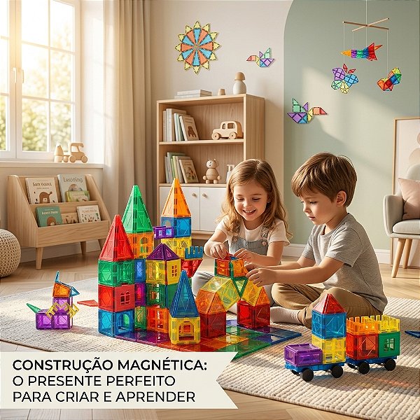 Conjunto de Construção Magnética 100 Peças Brinquedo Educativo com Formas Coloridas A partir 3 anos