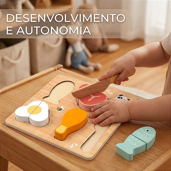 Cortando Alimentos em Madeira – HiPando | Brinquedo Educativo Sensorial com Faca e Quebra-Cabeça | 12m+