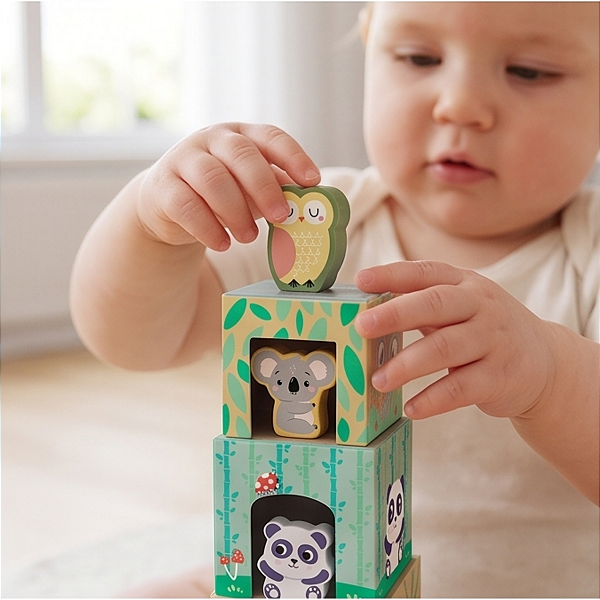Caixas de Empilhar Sensorial Animais Em Madeira 12 Meses+