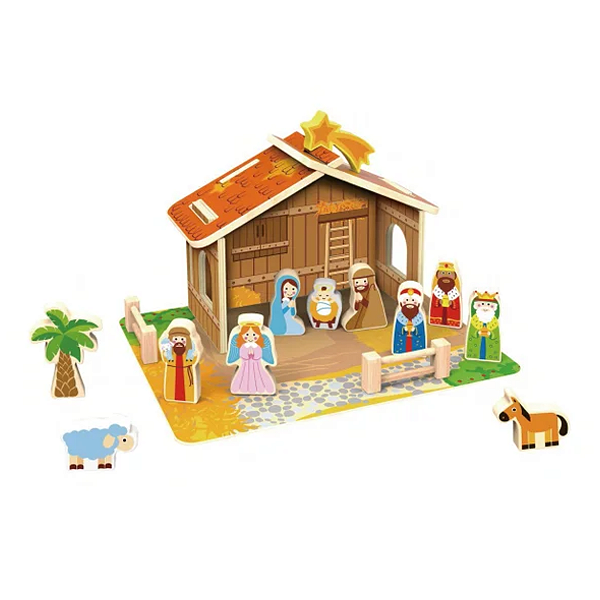 Presépio Infantil de Madeira Brinquedo Educativo Natal Montar História de Jesus Crianças 3 Anos