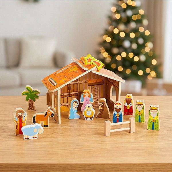 Presépio Infantil de Madeira Brinquedo Educativo Natal Montar História de Jesus Crianças 3 Anos