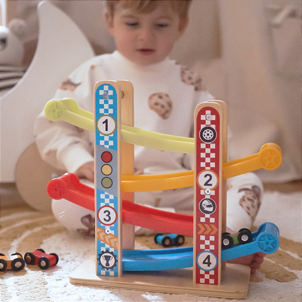 Torre de carros brinquedo infantil educativo em madeira com pistas carrinhos coordenação motora 3+