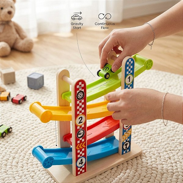 Torre de carros brinquedo infantil educativo em madeira com pistas carrinhos coordenação motora 3+