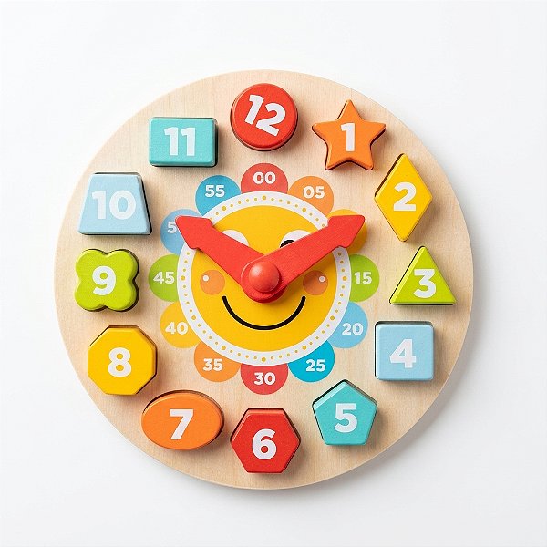 Relógio de encaixe solzinho brinquedo educativo de horas e formas em madeira para coordenação 3+