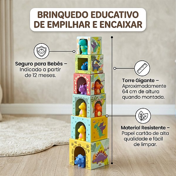 Brinquedo Educativo Empilhar Caixas Dinossauro Blocos de Encaixe Coordenação Motora Bebê 12m+