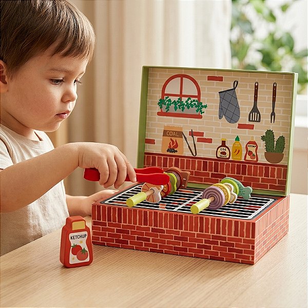 Churrasqueira Infantil de Brinquedo com Acessórios Comidinhas Madeira Faz de Conta 16 Peças 3+