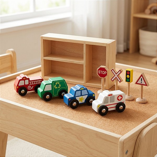 Brinquedo Educativo Veículos E Sinais De Trânsito Madeira