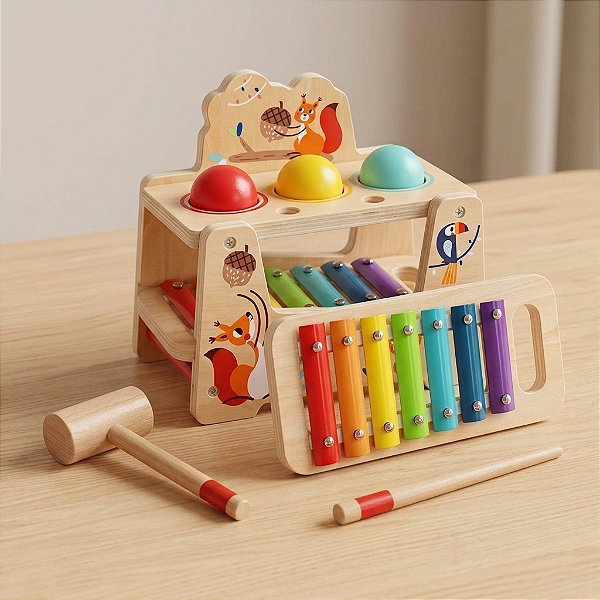 Brinquedo Xilofone De Madeira Infantil Bate Bola Educativo