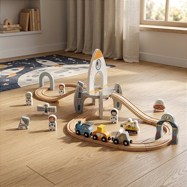 Brinquedo Educativo Pista Trem Estação Espacial Madeira 3+