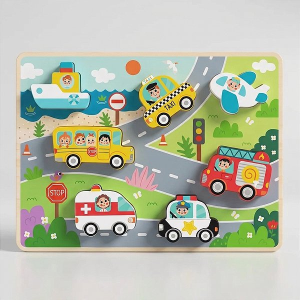 Quebra Cabeça De Encaixe Madeira Meios Transportes Infantil