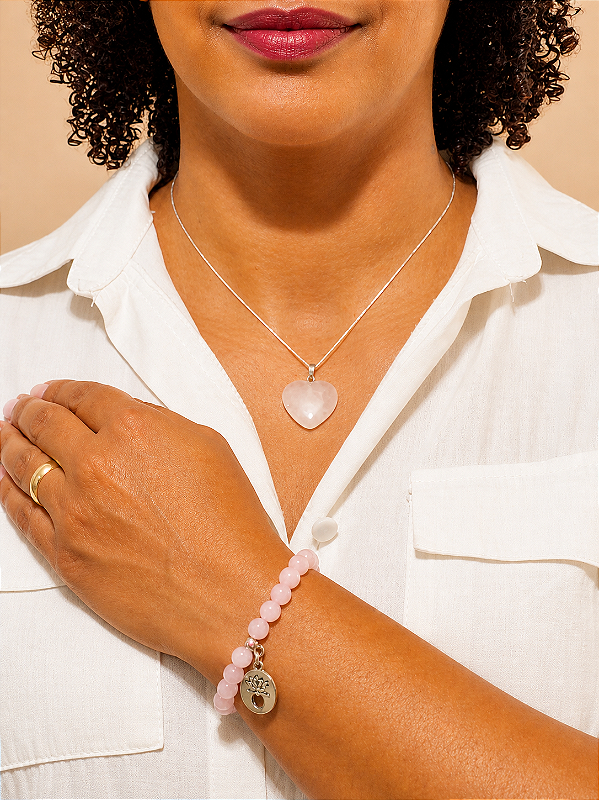 Pulseira & Colar Prata 925 - Pedra Quartzo Rosa