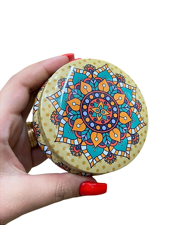 Lata Mandala Decorativa: O Santuário para suas Joias e Amuletos - Laranja/Bege