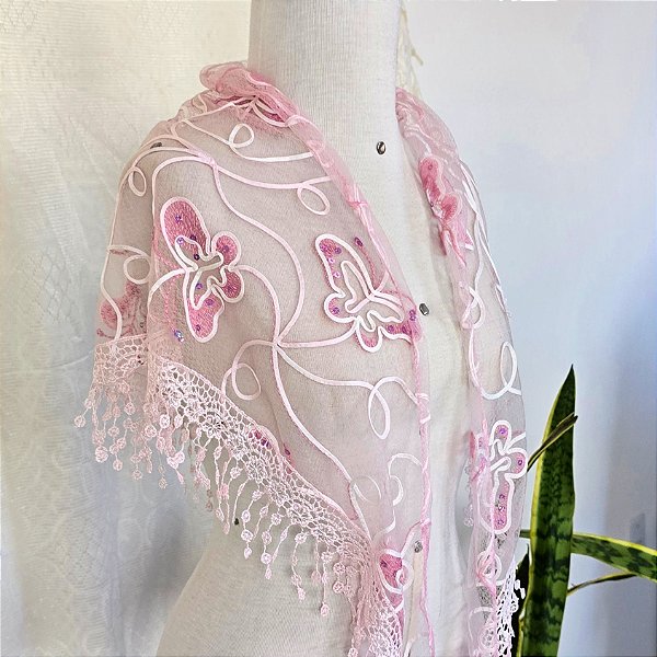 Xale rosa bordado