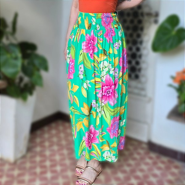 Saia midi verde floral M