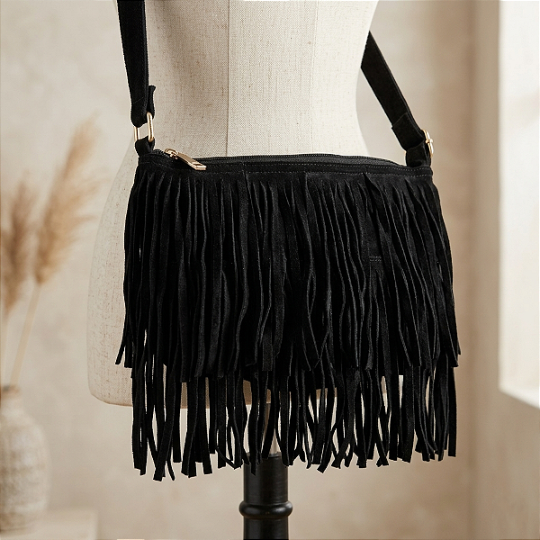 Bolsa preta camurça franjas