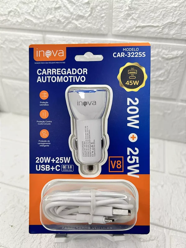 Carregador veicular completo v8 45w usb+c inova CAR-3225S