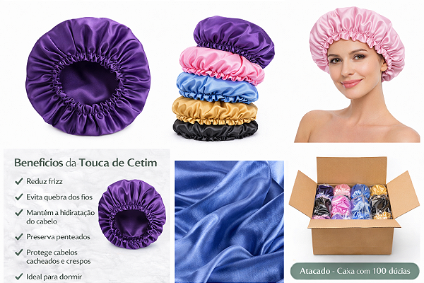 Touca de Cetim Colorida Atacado – Ideal para Revenda - ATACADO CAIXA COM 100 DUZIAS IDEAL PARA MARKETPLACE