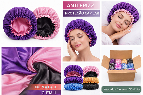 Touca de Cetim Dupla Face para Dormir – Proteção Anti Frizz - ATACADO CAIXA COM 50 DUZIAS VENDA EM MARKETPLACE