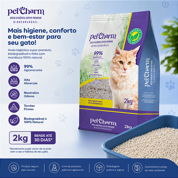Areia Higiênica para Gato Mandioca Biodegradável Sustentável 2Kg Pet Charm