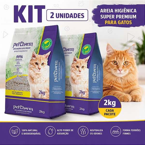 Areia Higiênica para Gato Pet Charm Orgânica de Mandioca Biodegradável 4kg