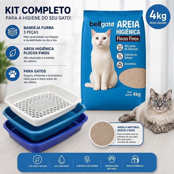 Caixa de Areia Furba Para Gatos + Areia de Gato De Argila Natural Bell Gato Flocos Finos